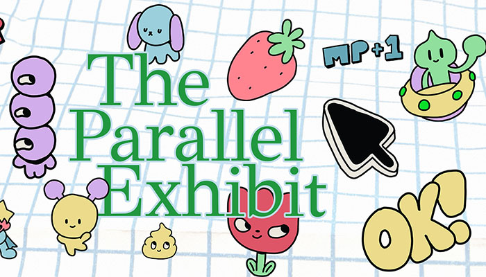 the parallel exhibit written on a background of random cartoon images