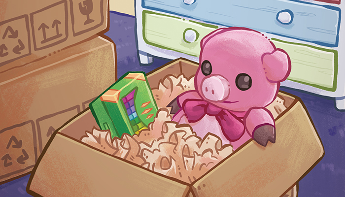 cartoon pig in a box with drawers in background